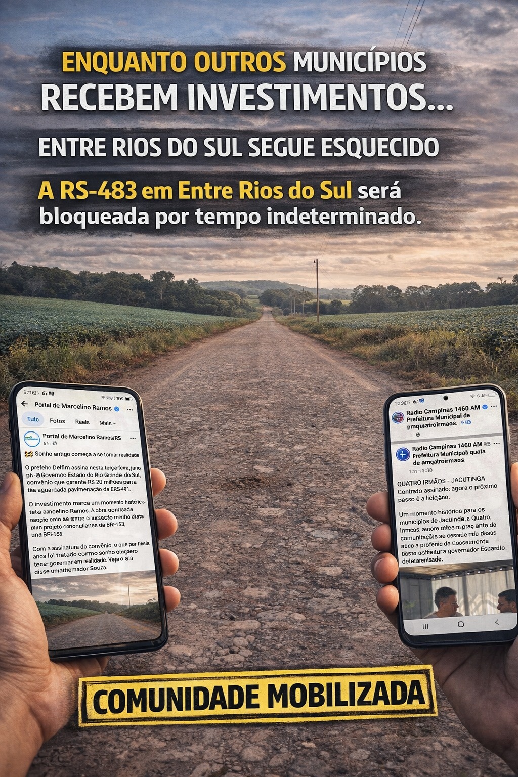 Ir para  <p>H&aacute; muitos anos a comunidade de Entre Rios do Sul luta pela pavimenta&ccedil;&atilde;o da RS-483, estrada fundamental para o desenvolvimento do nosso munic&iacute;pio e para a liga&ccedil;&atilde;o com a...