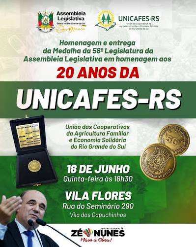 Unicafes-RS recebe Medalha da Assembleia Legislativa e celebra 20 anos fortalecendo a agricultura familiar gaúcha
