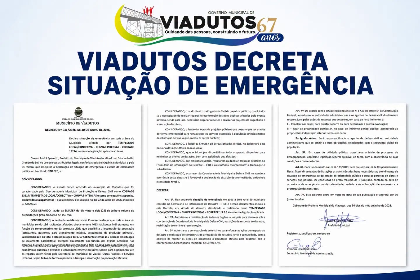 Viadutos decreta Situação de Emergência após danos causados pelas fortes chuvas
