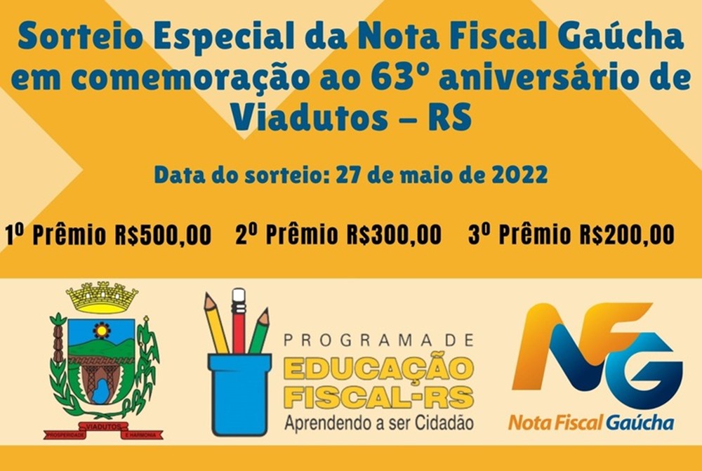 Ir para Sorteio Especial da Nota Fiscal Gaúcha de Aniversário do Município acontece dia 27 de maio.