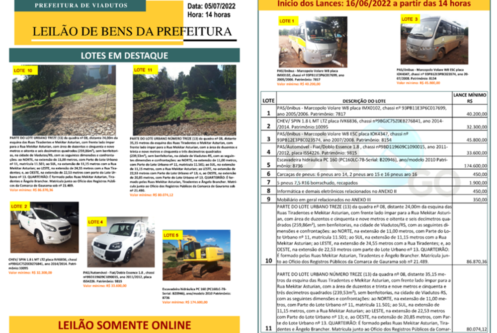 Ir para  <p><big>O Munic&iacute;pio de Viadutos estar&aacute; realizando &agrave;s 14:00hs do dia 05 de julho de 2022, Leil&atilde;o Eletr&ocirc;nico/Virtual, para a venda de 11 lotes de diversos itens. Equipamento,...