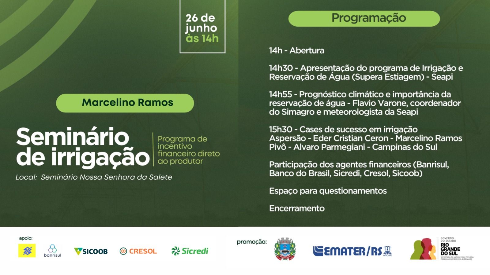 Ir para  <p><big>A Secretaria da Agricultura, Pecu&aacute;ria, Produ&ccedil;&atilde;o Sustent&aacute;vel e Irriga&ccedil;&atilde;o (Seapi) e a Emater-RS/Ascar realizam nesta quarta-feira (26/6), no munic&iacute;pio...